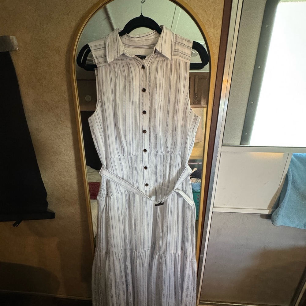 Ann Taylor White Pleated Sundress with Polo Collar